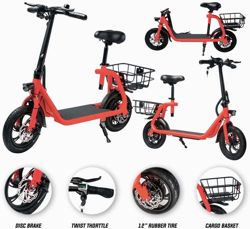 RED - Commuter Electric Scooter for Adults - Foldable Scooter with Seat & Carry Basket