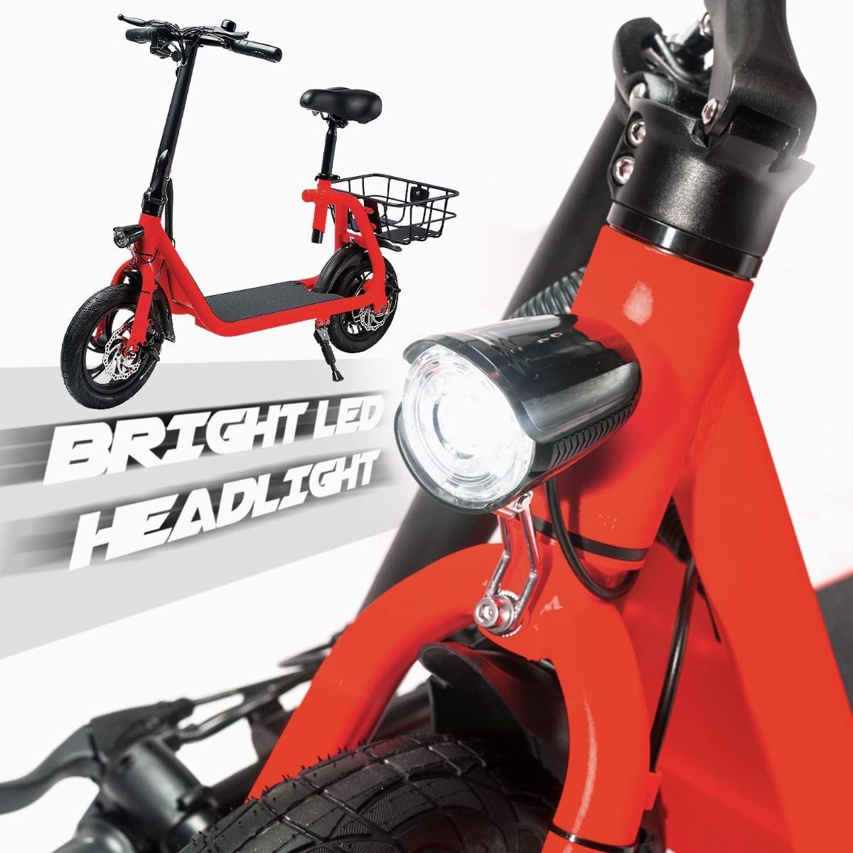 RED - Commuter Electric Scooter for Adults - Foldable Scooter with Seat & Carry Basket