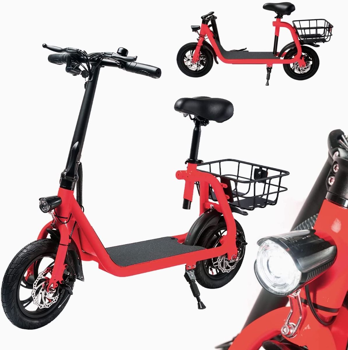 RED - Commuter Electric Scooter for Adults - Foldable Scooter with Seat & Carry Basket