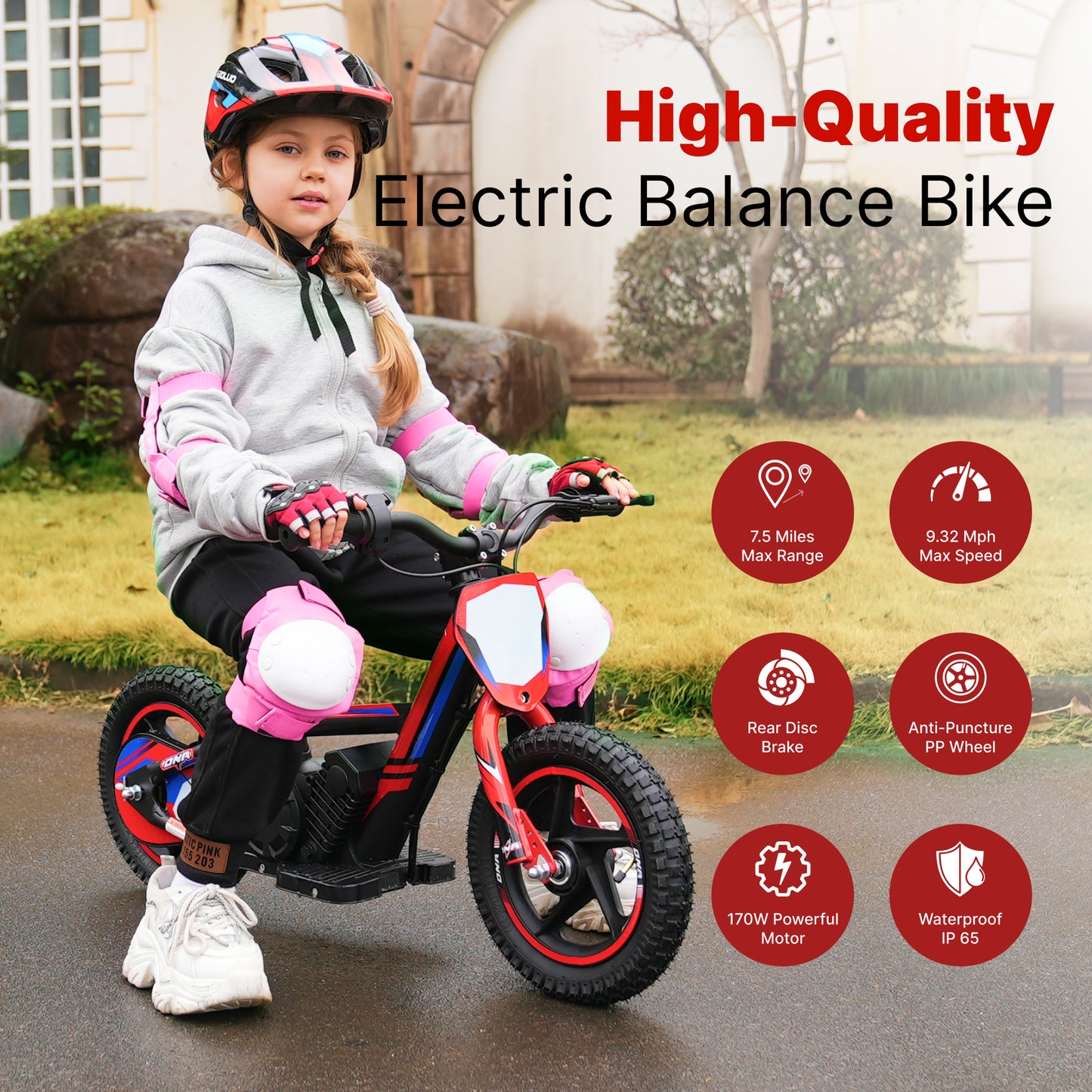 RED - 24V Electric Dirt Bike for Kids, 12" Wheel Electric Balance Bike for Ages 3-6
