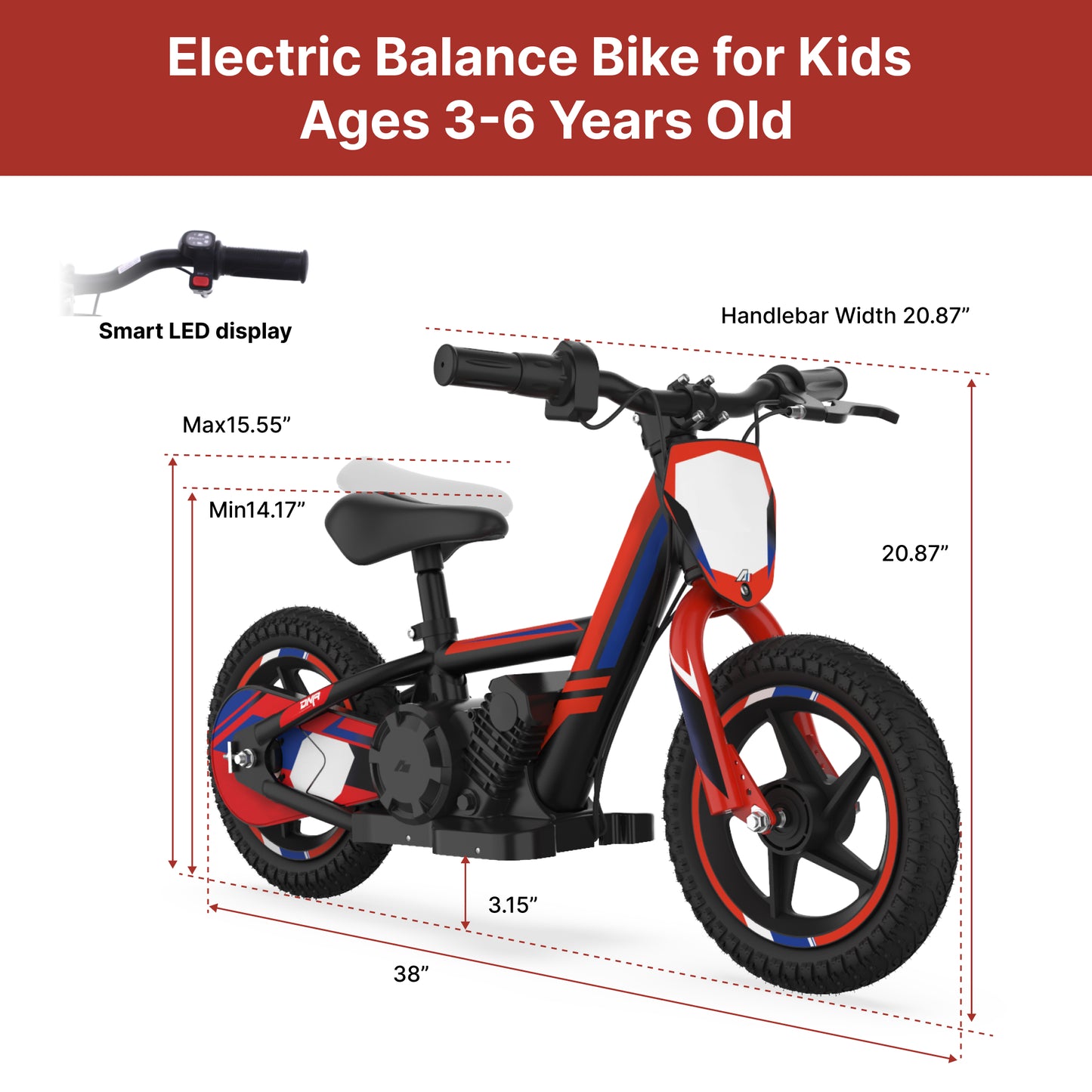 RED - 24V Electric Dirt Bike for Kids, 12" Wheel Electric Balance Bike for Ages 3-6