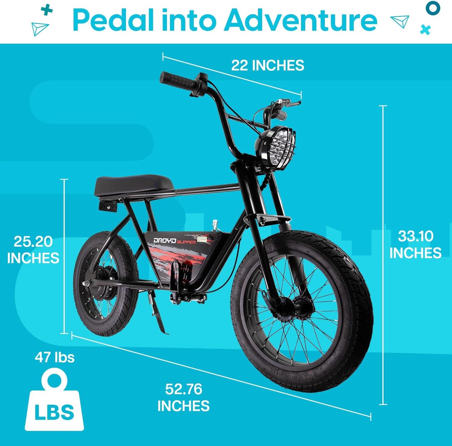 BLACK - Droyd Blipper Electric Mini Bike - Electric Bike for Kids Ages 13 & Up - 250W Mini Bike w 12.5MPH up to 12.5 Miles - Electric Bike for Kids up to 60 Mins Run Time, 16in Tire, 24V 10Ah Battery