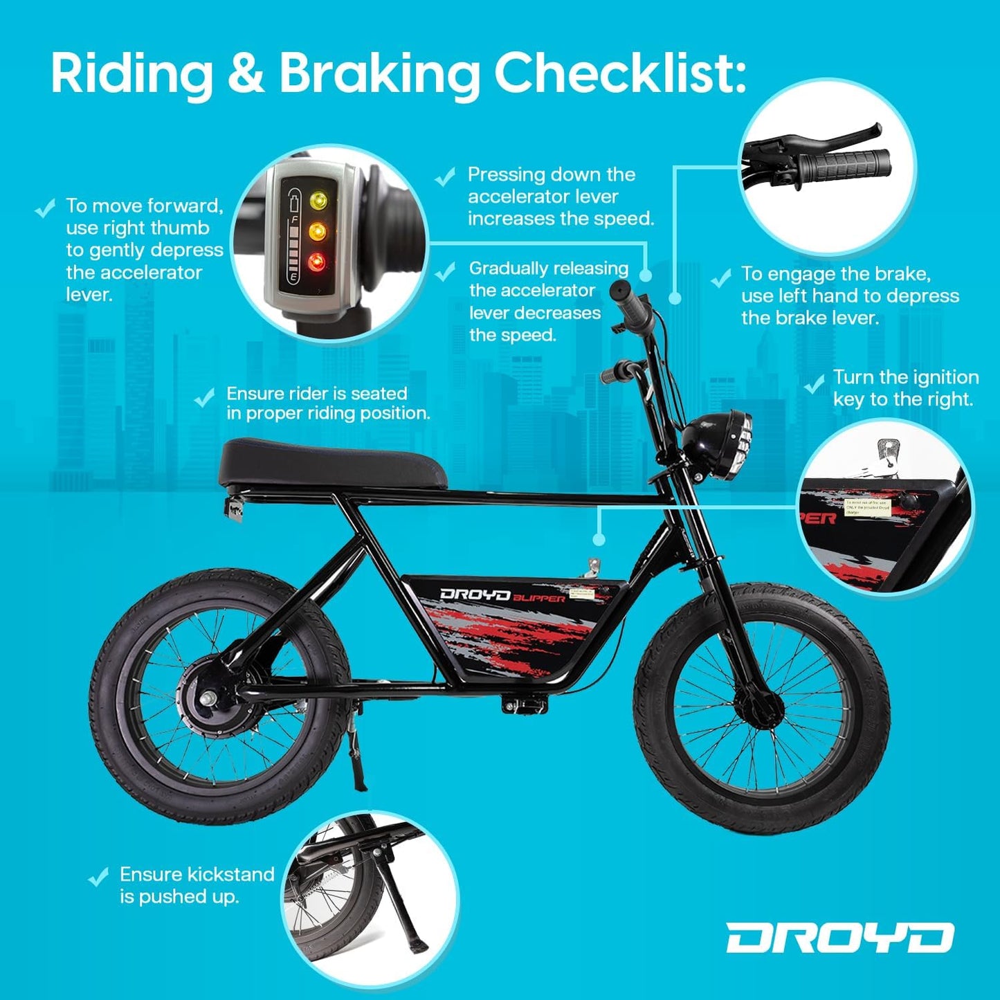 BLACK - Droyd Blipper Electric Mini Bike - Electric Bike for Kids Ages 13 & Up - 250W Mini Bike w 12.5MPH up to 12.5 Miles - Electric Bike for Kids up to 60 Mins Run Time, 16in Tire, 24V 10Ah Battery