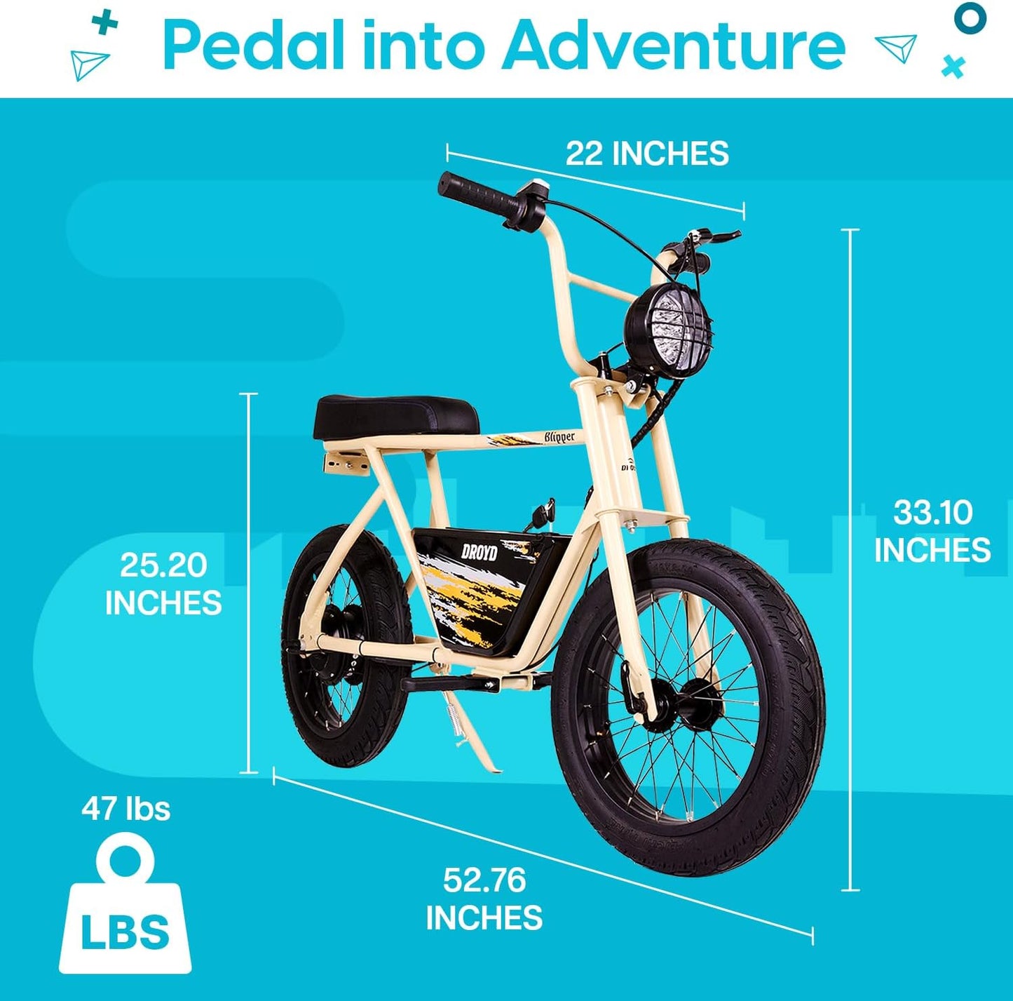 SAND - Droyd Blipper Electric Mini Bike - Electric Bike for Kids Ages 13 & Up - 250W Mini Bike w 12.5MPH up to 12.5 Miles - Electric Bike for Kids up to 60 Mins Run Time, 16in Tire, 24V 10Ah Battery