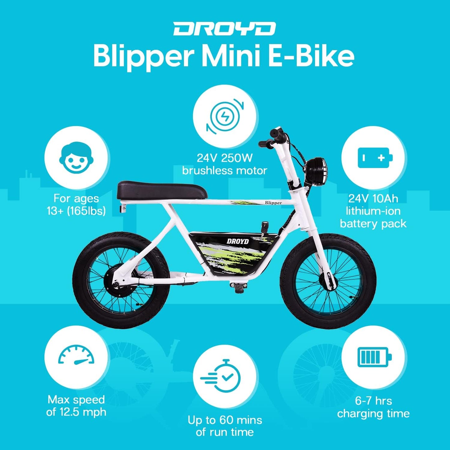 WHITE - Droyd Blipper Electric Mini Bike - Electric Bike for Kids Ages 13 & Up - 250W Mini Bike w 12.5MPH up to 12.5 Miles - Electric Bike for Kids up to 60 Mins Run Time, 16in Tire, 24V 10Ah Battery