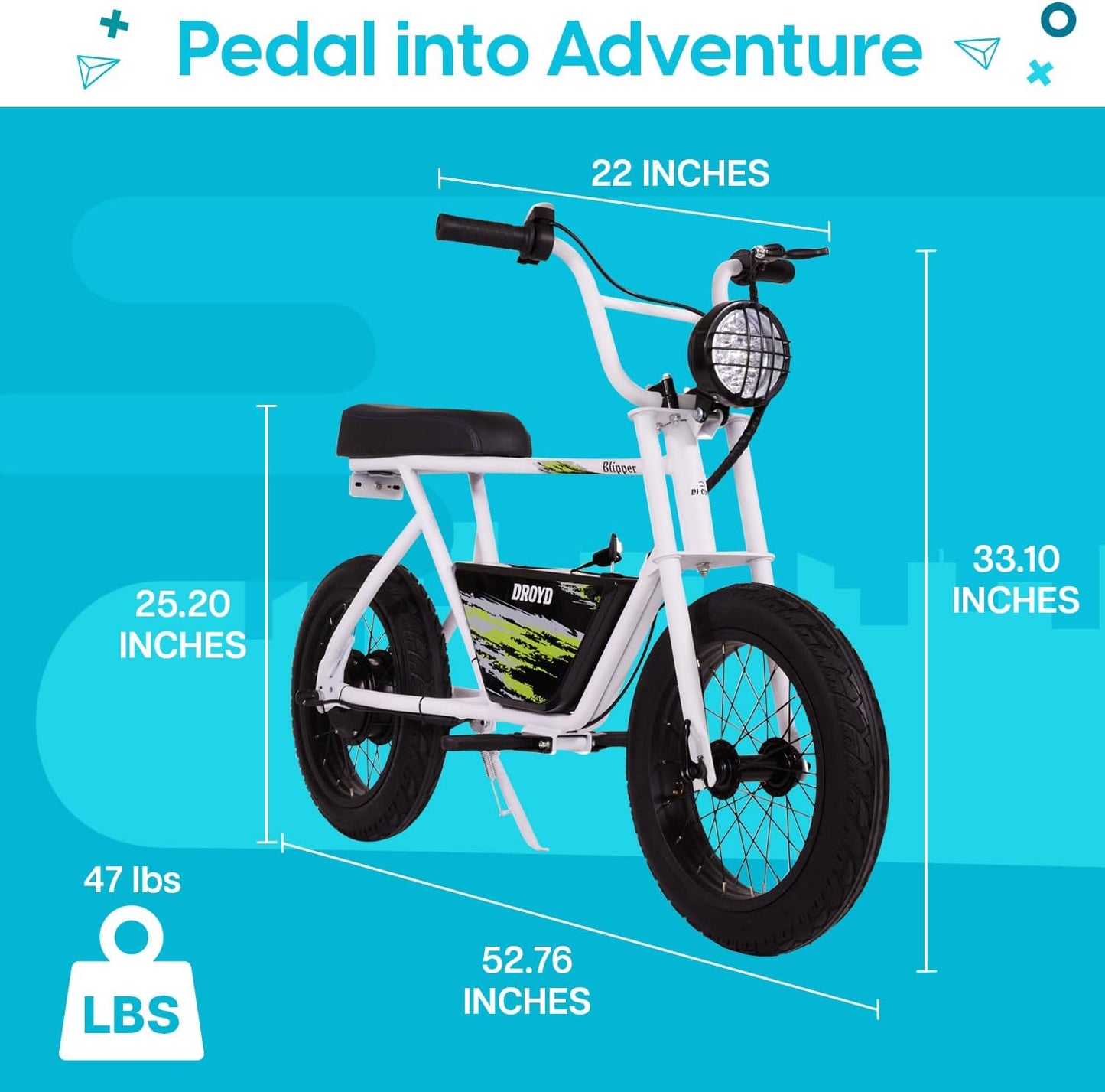 WHITE - Droyd Blipper Electric Mini Bike - Electric Bike for Kids Ages 13 & Up - 250W Mini Bike w 12.5MPH up to 12.5 Miles - Electric Bike for Kids up to 60 Mins Run Time, 16in Tire, 24V 10Ah Battery