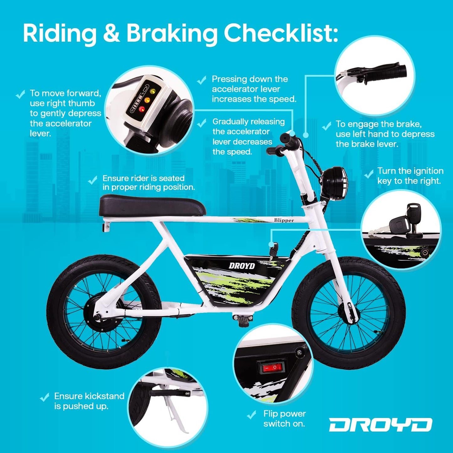 WHITE - Droyd Blipper Electric Mini Bike - Electric Bike for Kids Ages 13 & Up - 250W Mini Bike w 12.5MPH up to 12.5 Miles - Electric Bike for Kids up to 60 Mins Run Time, 16in Tire, 24V 10Ah Battery