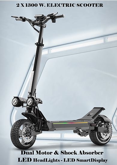 Electric Scooter, 1300 W Motor, 11" tire, Easy to Fold , Dual suspension, LED headlight, 3-Speed, Max speed up to 37 MPH