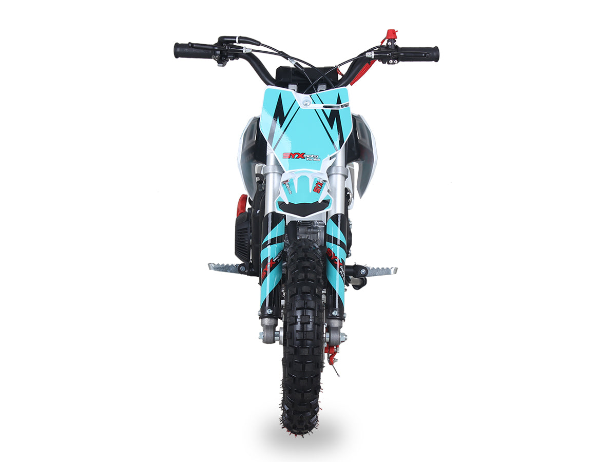 Teal/Grey - SYX PAD50-3 Mini Dirt Bike, 4 stroke 57.6cc OHV engine automatic transmission, pull start, F/R 10” aluminum wheel, oil damped suspension, mechanical disc brakes F/R