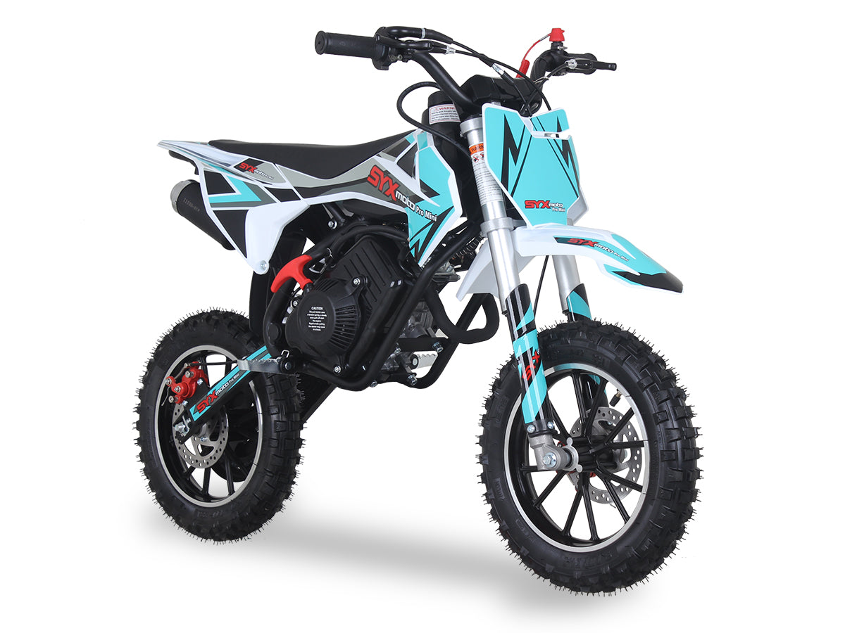 Teal/Grey - SYX PAD50-3 Mini Dirt Bike, 4 stroke 57.6cc OHV engine automatic transmission, pull start, F/R 10” aluminum wheel, oil damped suspension, mechanical disc brakes F/R