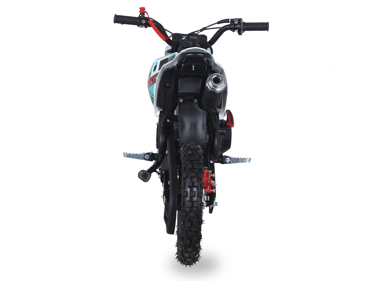 Teal/Grey - SYX PAD50-3 Mini Dirt Bike, 4 stroke 57.6cc OHV engine automatic transmission, pull start, F/R 10” aluminum wheel, oil damped suspension, mechanical disc brakes F/R
