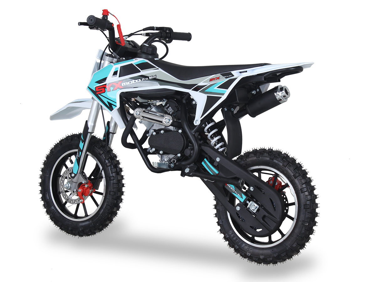 Teal/Grey - SYX PAD50-3 Mini Dirt Bike, 4 stroke 57.6cc OHV engine automatic transmission, pull start, F/R 10” aluminum wheel, oil damped suspension, mechanical disc brakes F/R