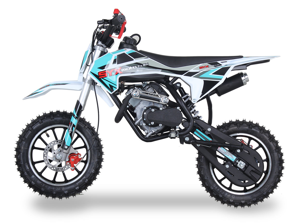 Teal/Grey - SYX PAD50-3 Mini Dirt Bike, 4 stroke 57.6cc OHV engine automatic transmission, pull start, F/R 10” aluminum wheel, oil damped suspension, mechanical disc brakes F/R