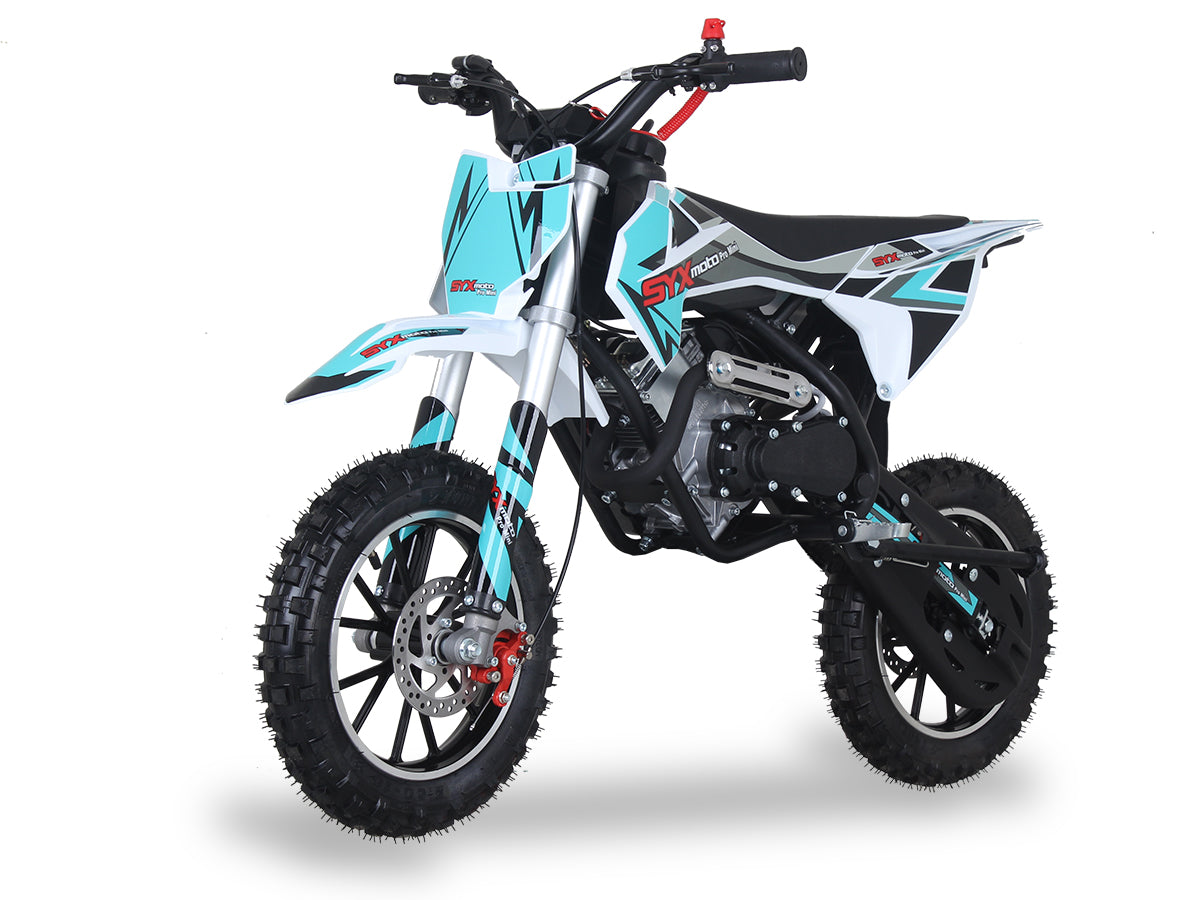 Teal/Grey - SYX PAD50-3 Mini Dirt Bike, 4 stroke 57.6cc OHV engine automatic transmission, pull start, F/R 10” aluminum wheel, oil damped suspension, mechanical disc brakes F/R