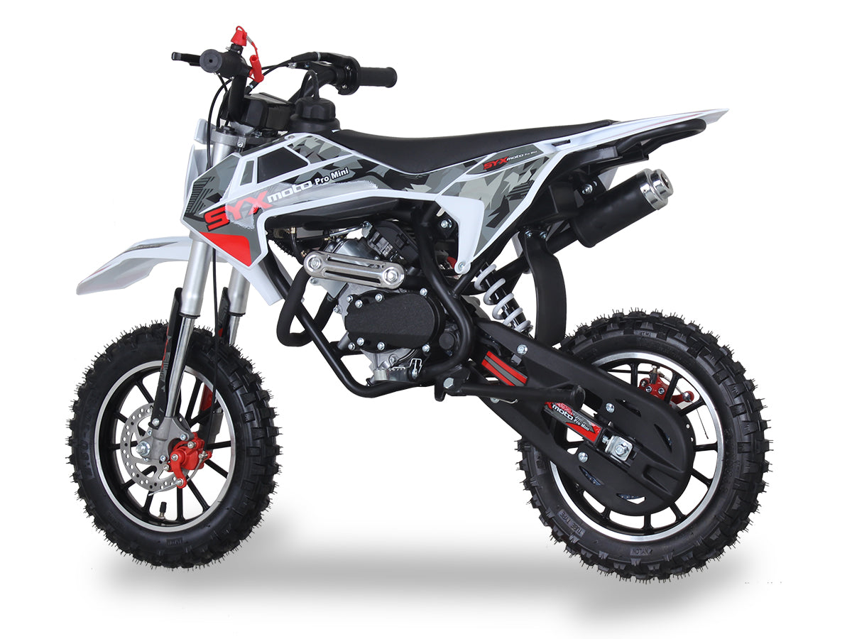 Red/Grey - SYX PAD50-3 Mini Dirt Bike, 4 stroke 57.6cc OHV engine automatic transmission, pull start, F/R 10” aluminum wheel, oil damped suspension, mechanical disc brakes F/R