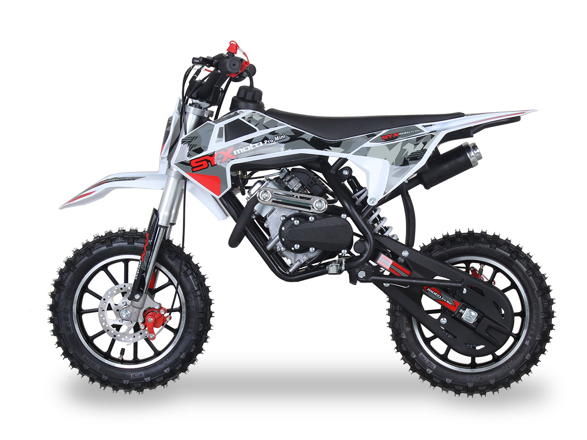 Red/Grey - SYX PAD50-3 Mini Dirt Bike, 4 stroke 57.6cc OHV engine automatic transmission, pull start, F/R 10” aluminum wheel, oil damped suspension, mechanical disc brakes F/R