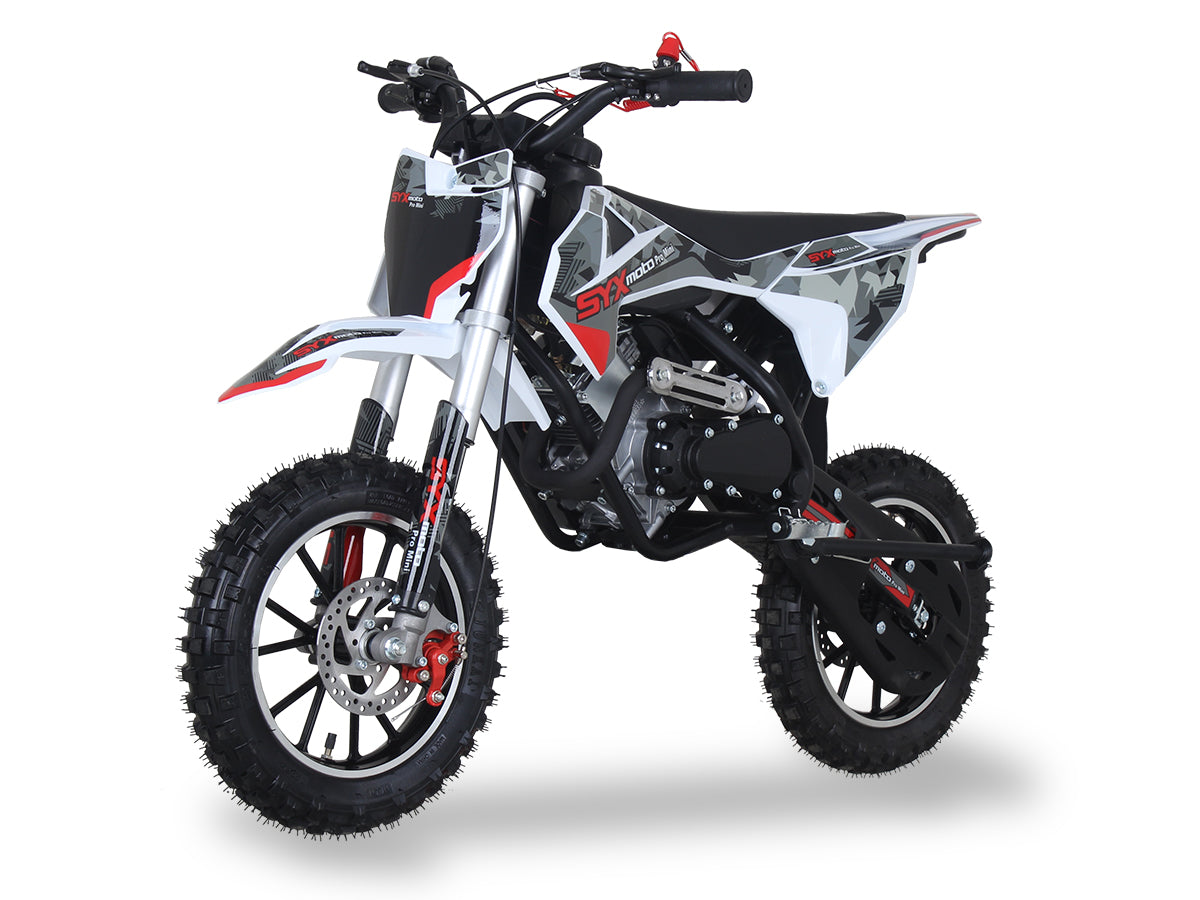 Red/Grey - SYX PAD50-3 Mini Dirt Bike, 4 stroke 57.6cc OHV engine automatic transmission, pull start, F/R 10” aluminum wheel, oil damped suspension, mechanical disc brakes F/R