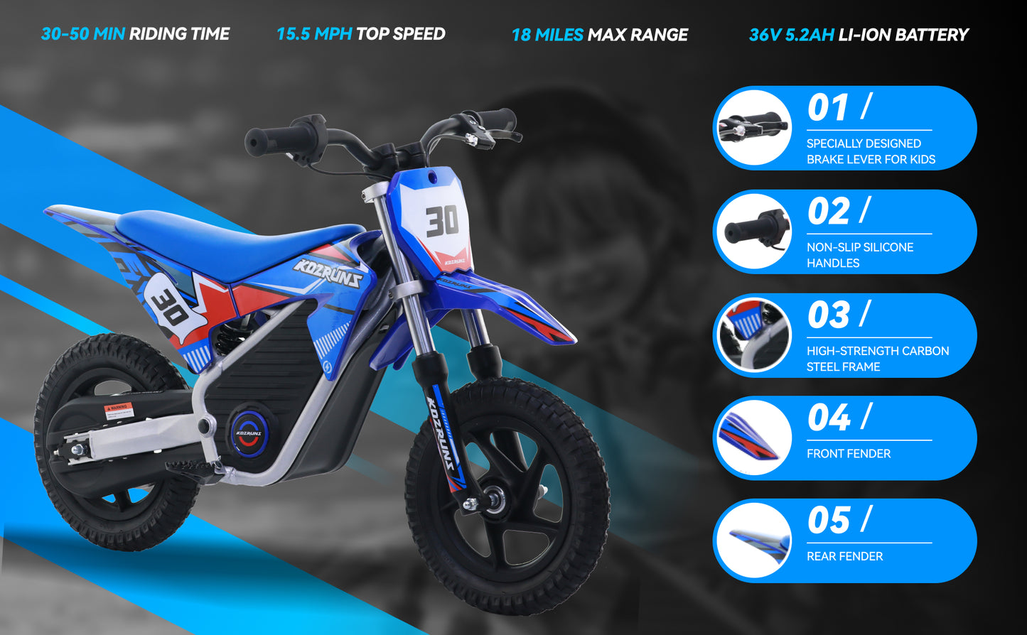 36V Kids Electric Bike, Blue, 12" Wheel