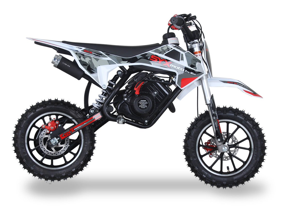 Red/Grey - SYX PAD50-3 Mini Dirt Bike, 4 stroke 57.6cc OHV engine automatic transmission, pull start, F/R 10” aluminum wheel, oil damped suspension, mechanical disc brakes F/R