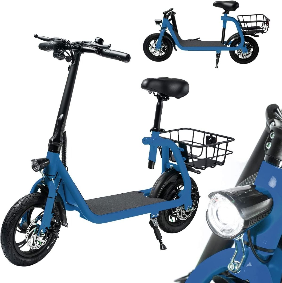 BLUE - Commuter Electric Scooter for Adults - Foldable Scooter with Seat & Carry Basket