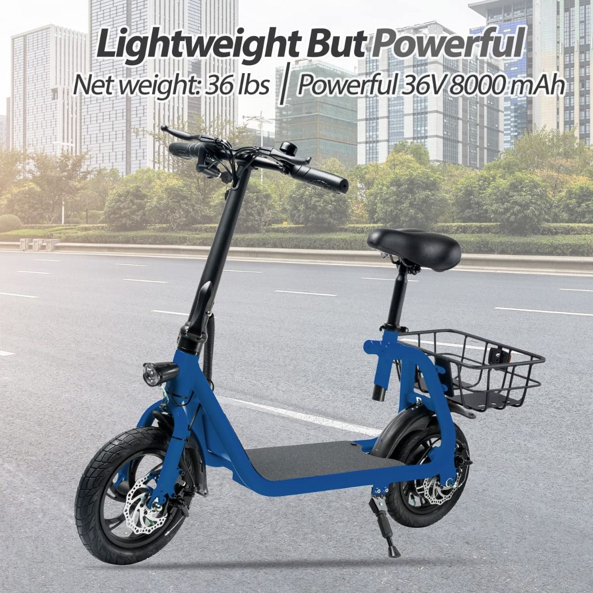 BLUE - Commuter Electric Scooter for Adults - Foldable Scooter with Seat & Carry Basket