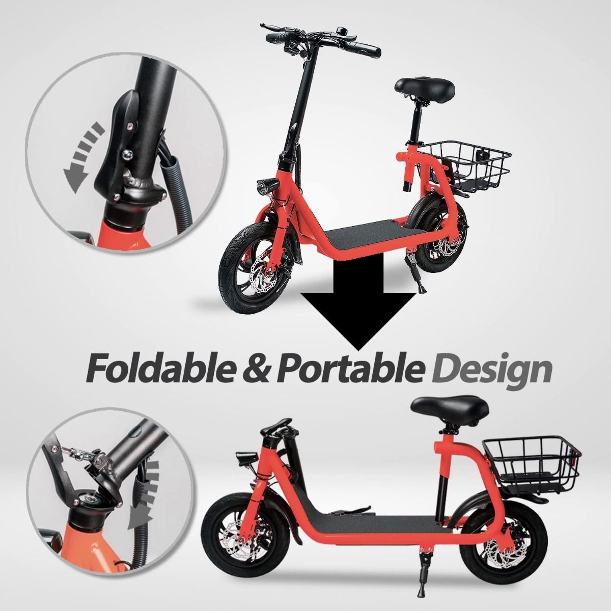 RED - Commuter Electric Scooter for Adults - Foldable Scooter with Seat & Carry Basket