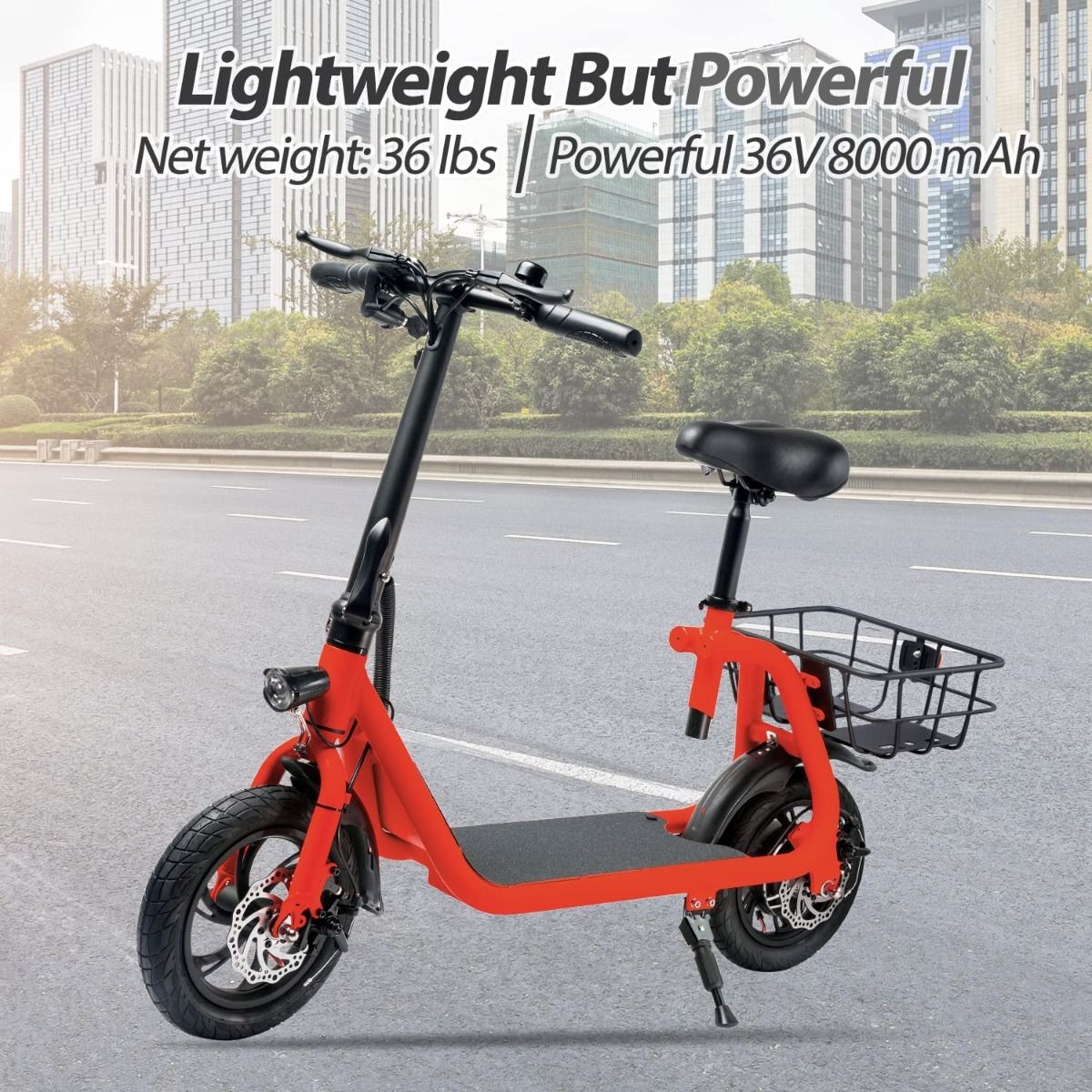 RED - Commuter Electric Scooter for Adults - Foldable Scooter with Seat & Carry Basket