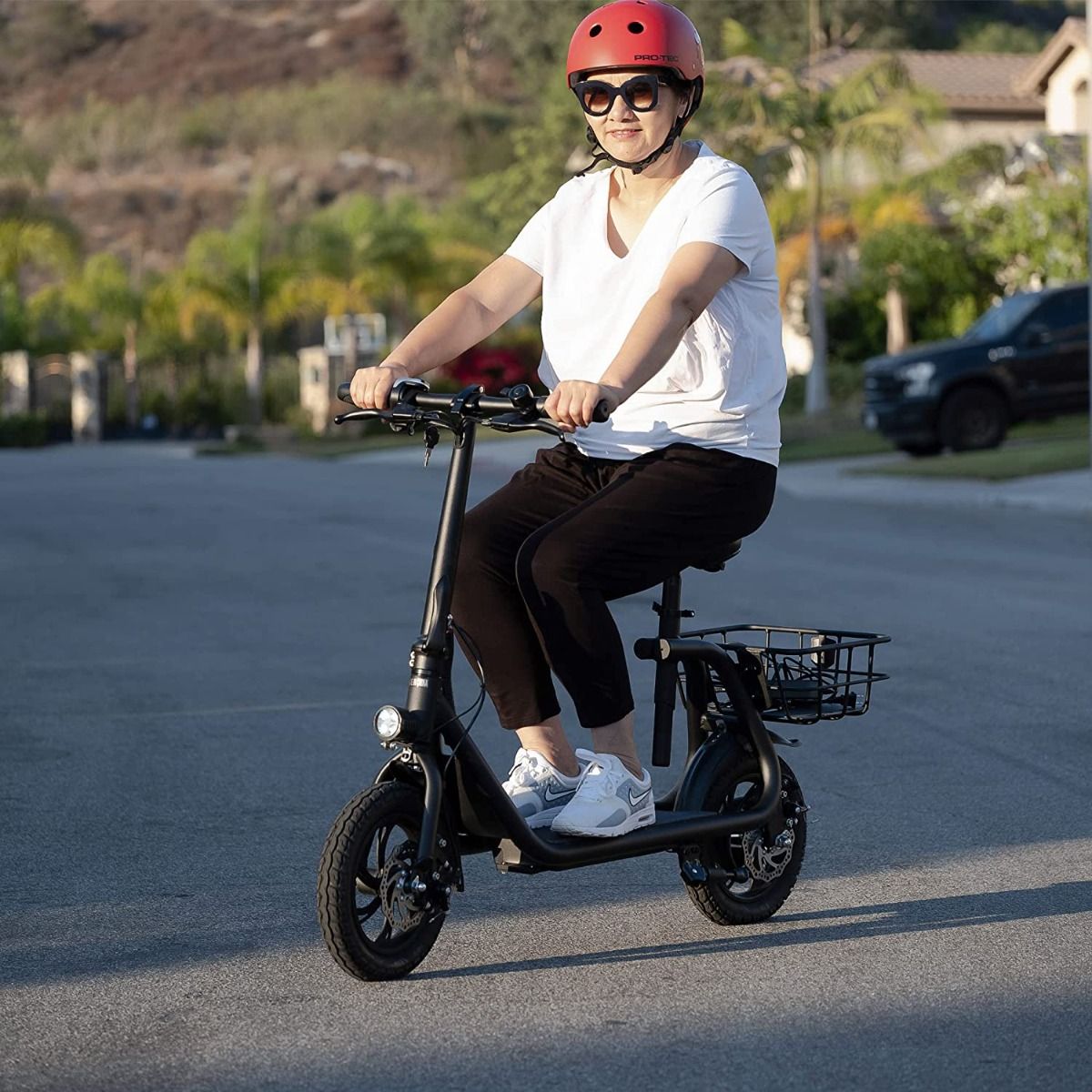 RED - Commuter Electric Scooter for Adults - Foldable Scooter with Seat & Carry Basket