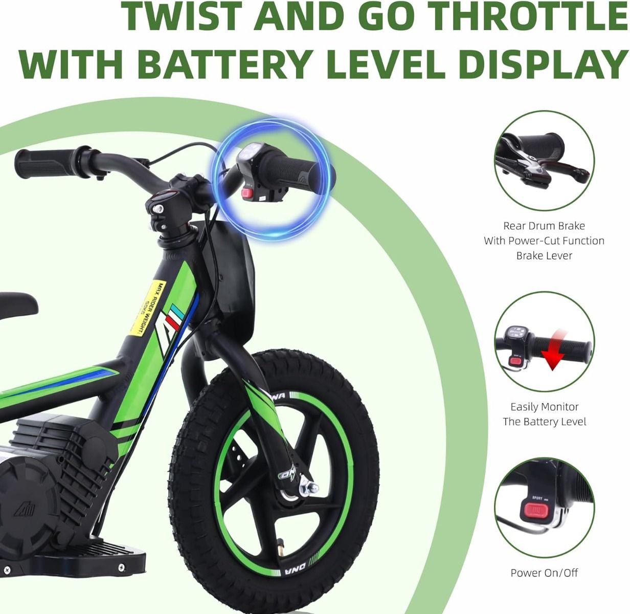 GREEN - 24V Electric Dirt Bike for Kids, 12" Wheel Electric Balance Bike for Ages 3-6