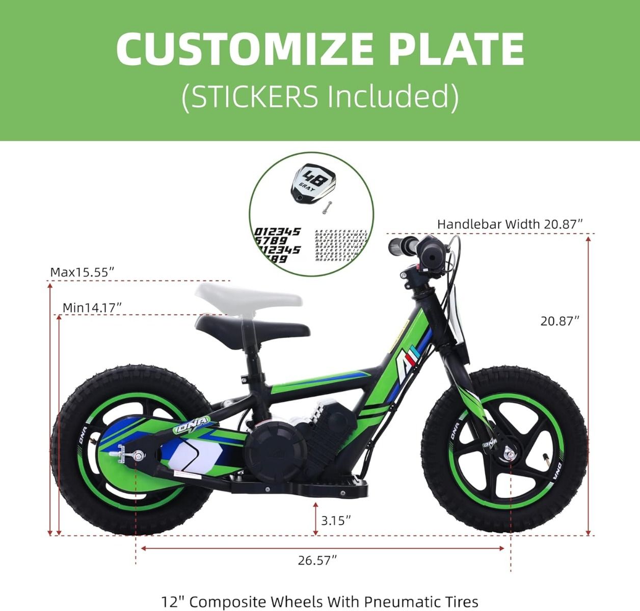 GREEN - 24V Electric Dirt Bike for Kids, 12" Wheel Electric Balance Bike for Ages 3-6