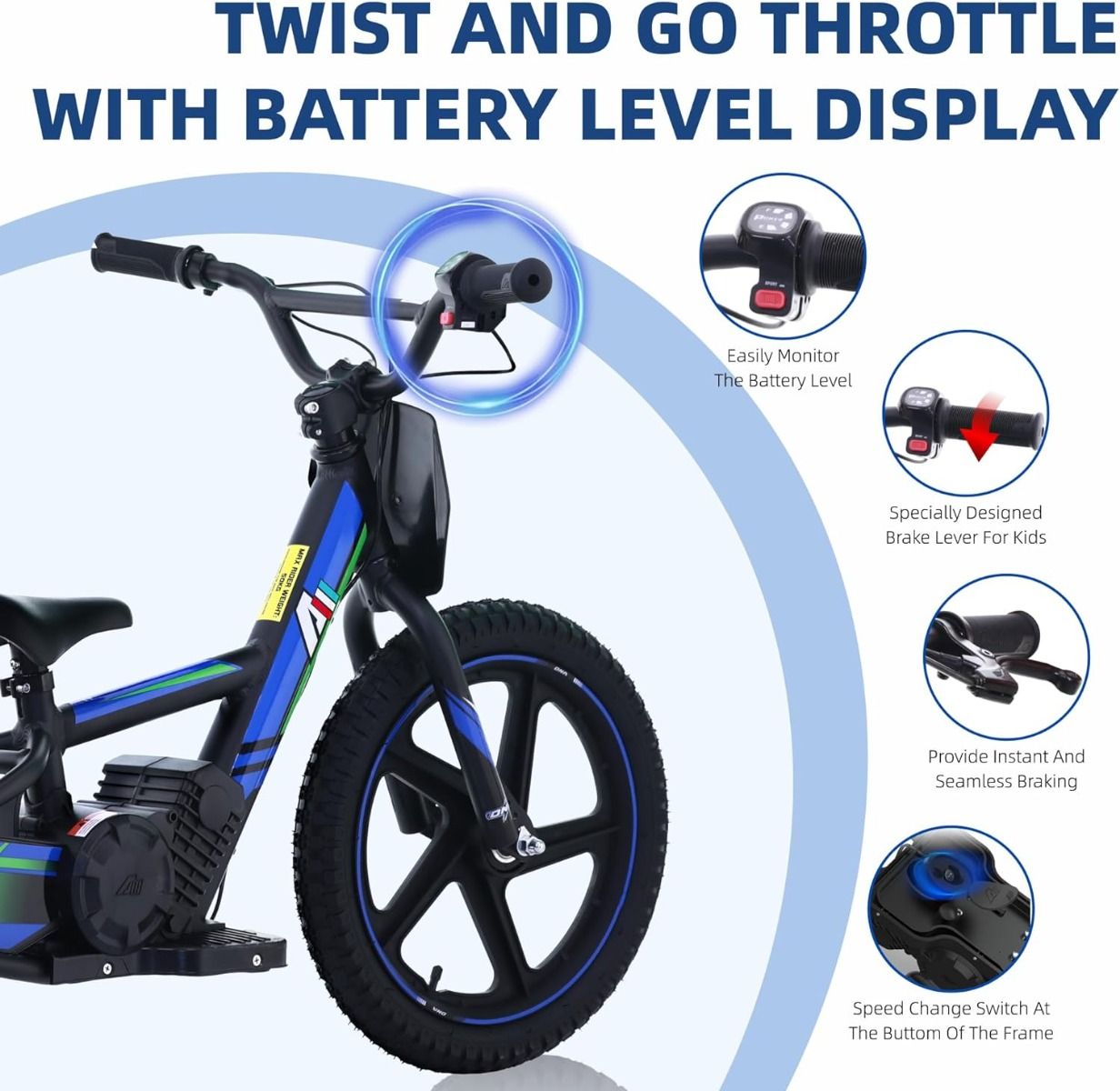 BLUE - 24V Electric Dirt Bike for Kids, 16" Wheel Electric Balance Bike for Ages 5-10