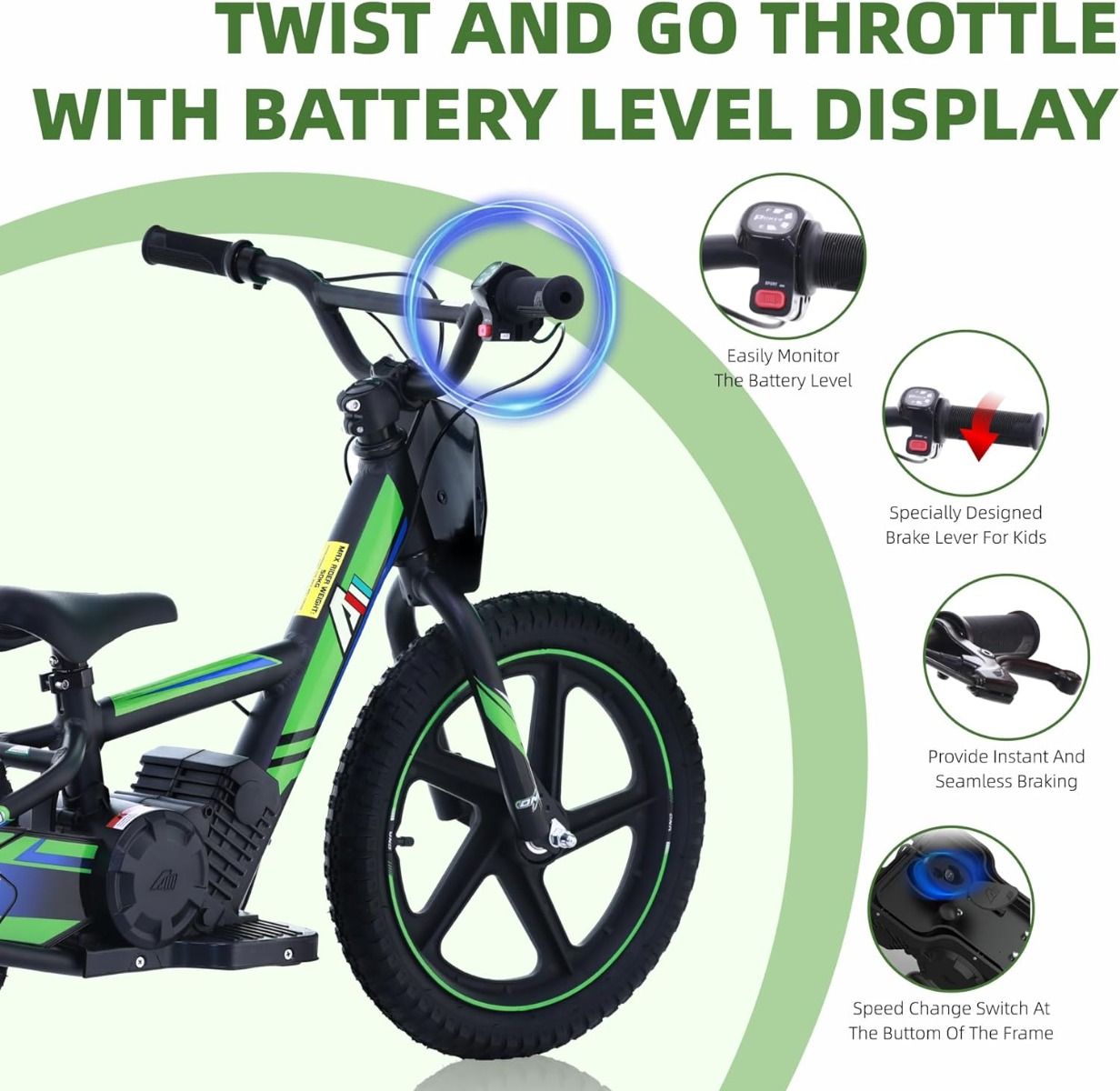 GREEN - 24V Electric Dirt Bike for Kids, 16" Wheel Electric Balance Bike for Ages 5-10