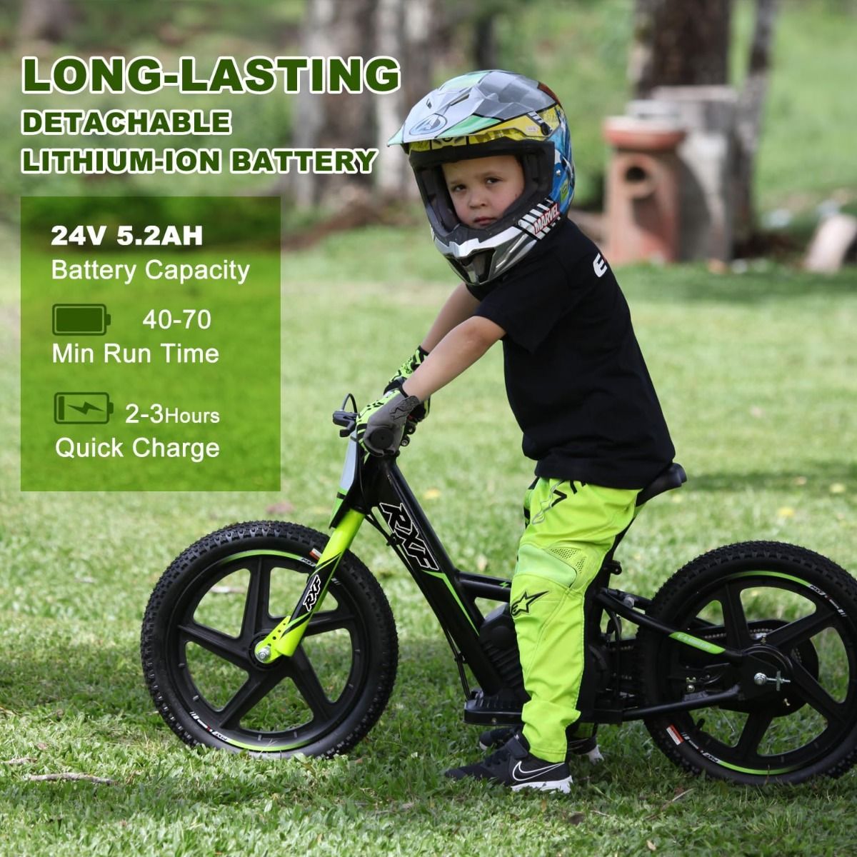 GREEN - 24V Electric Dirt Bike for Kids, 16" Wheel Electric Balance Bike for Ages 5-10