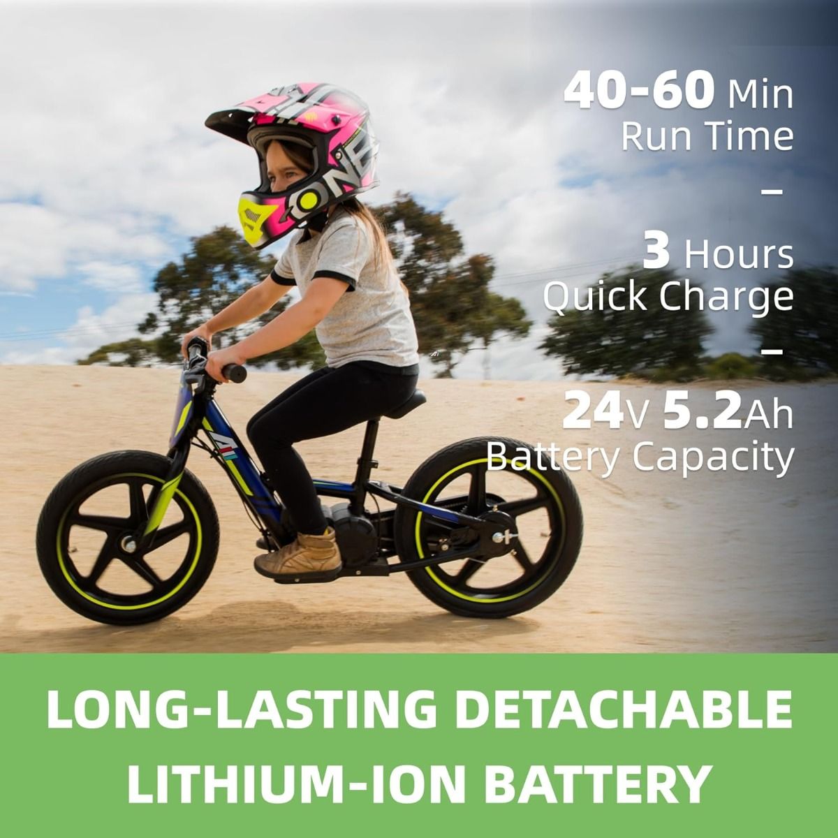 GREEN - 24V Electric Dirt Bike for Kids, 16" Wheel Electric Balance Bike for Ages 5-10