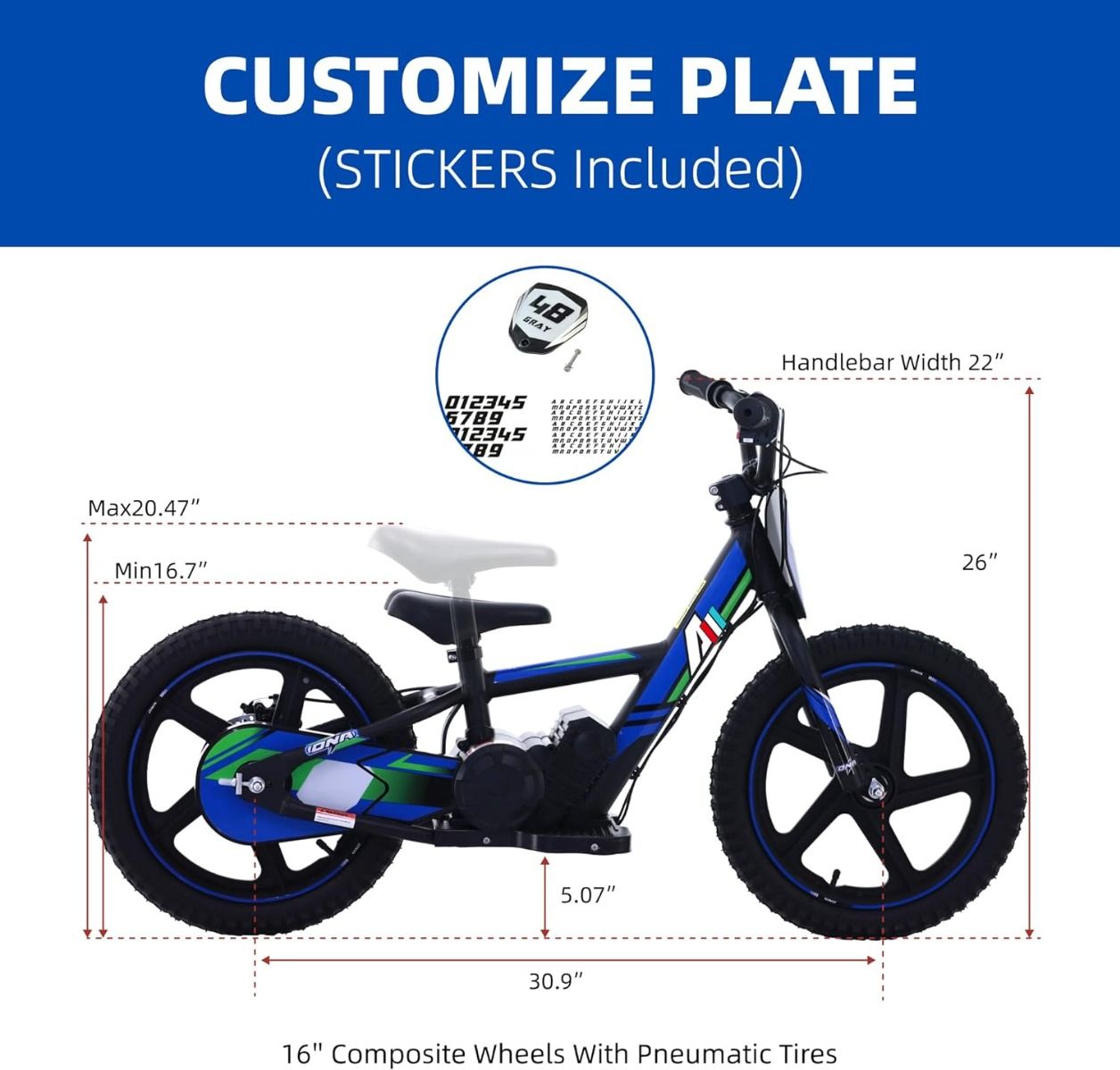 BLUE - 24V Electric Dirt Bike for Kids, 16" Wheel Electric Balance Bike for Ages 5-10