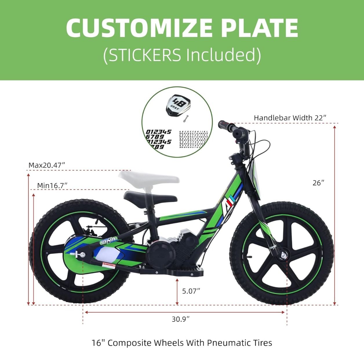 GREEN - 24V Electric Dirt Bike for Kids, 16" Wheel Electric Balance Bike for Ages 5-10