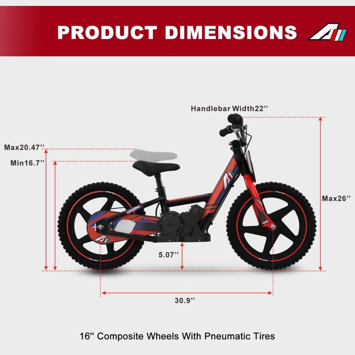 RED - 24V Electric Dirt Bike for Kids, 16" Wheel Electric Balance Bike for Ages 5-10