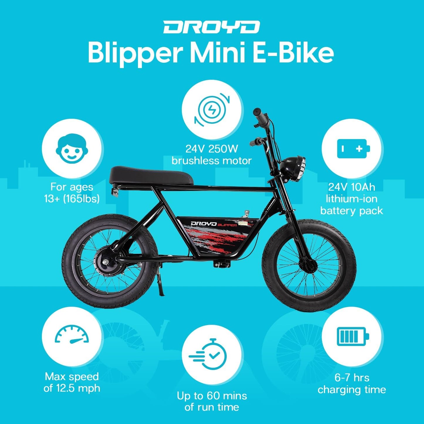 BLACK - Droyd Blipper Electric Mini Bike - Electric Bike for Kids Ages 13 & Up - 250W Mini Bike w 12.5MPH up to 12.5 Miles - Electric Bike for Kids up to 60 Mins Run Time, 16in Tire, 24V 10Ah Battery