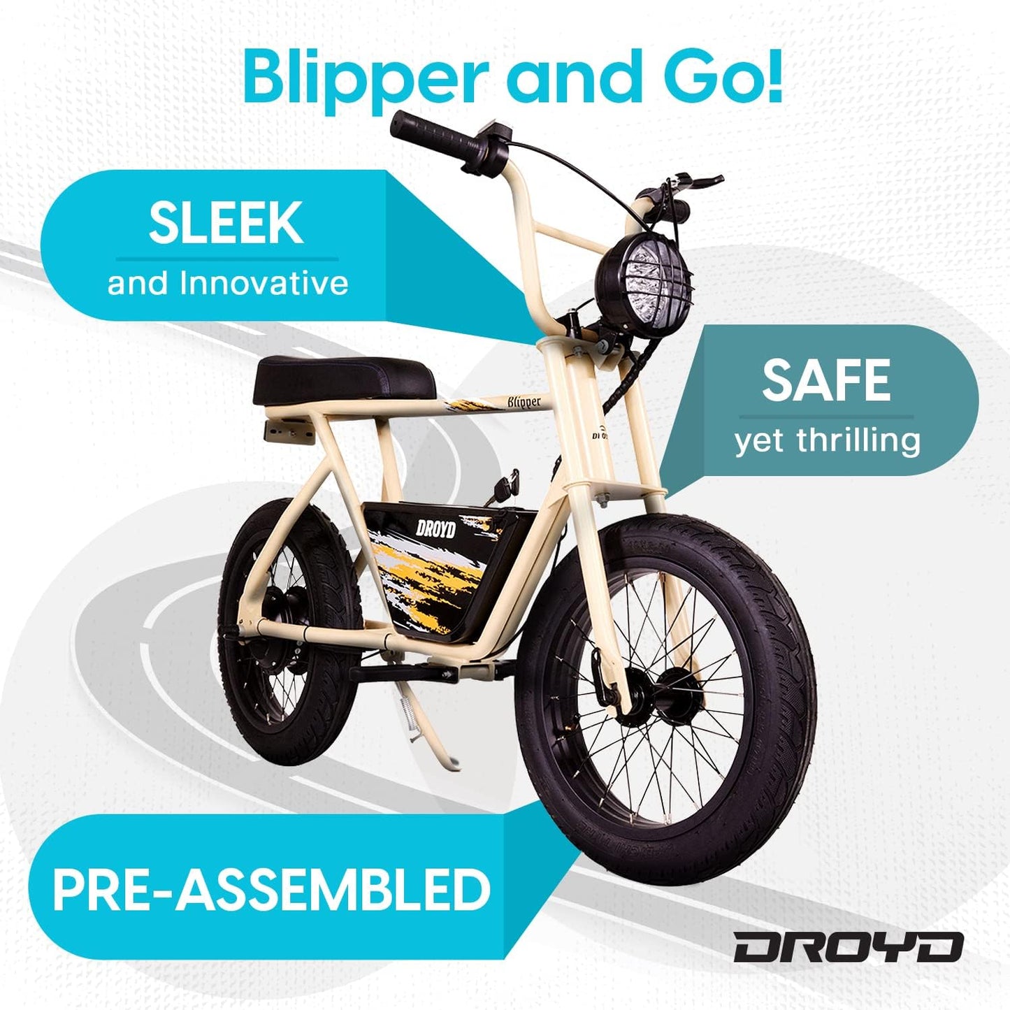 SAND - Droyd Blipper Electric Mini Bike - Electric Bike for Kids Ages 13 & Up - 250W Mini Bike w 12.5MPH up to 12.5 Miles - Electric Bike for Kids up to 60 Mins Run Time, 16in Tire, 24V 10Ah Battery