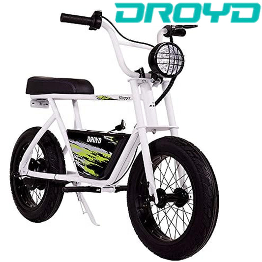 WHITE - Droyd Blipper Electric Mini Bike - Electric Bike for Kids Ages 13 & Up - 250W Mini Bike w 12.5MPH up to 12.5 Miles - Electric Bike for Kids up to 60 Mins Run Time, 16in Tire, 24V 10Ah Battery