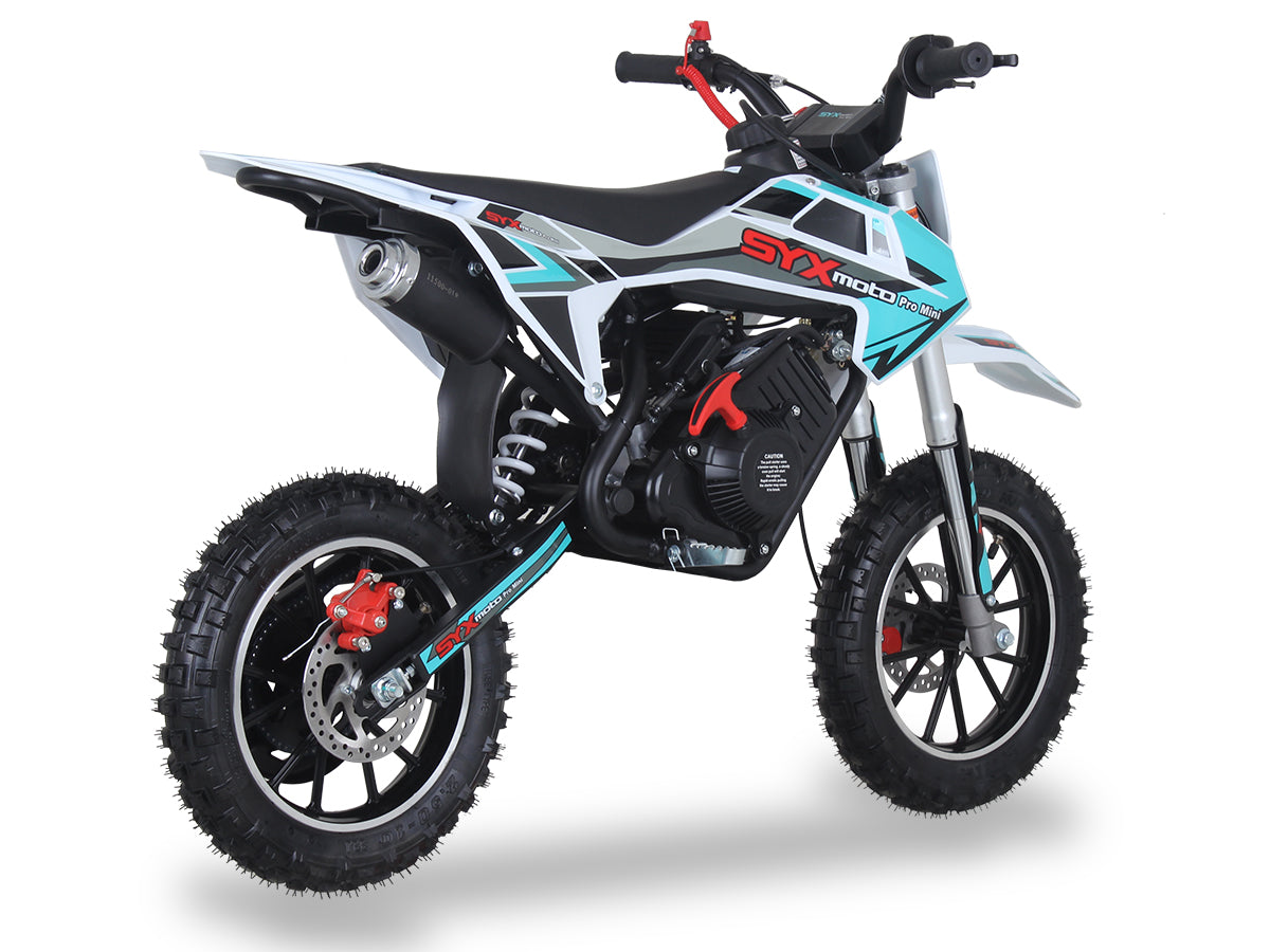 Teal/Grey - SYX PAD50-3 Mini Dirt Bike, 4 stroke 57.6cc OHV engine automatic transmission, pull start, F/R 10” aluminum wheel, oil damped suspension, mechanical disc brakes F/R