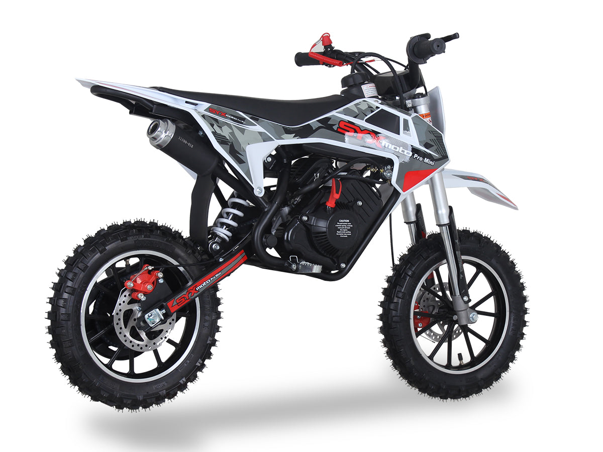 Red/Grey - SYX PAD50-3  Mini Dirt Bike, 4 stroke 57.6cc OHV engine automatic transmission, pull start, F/R 10” aluminum wheel, oil damped suspension, mechanical disc brakes F/R
