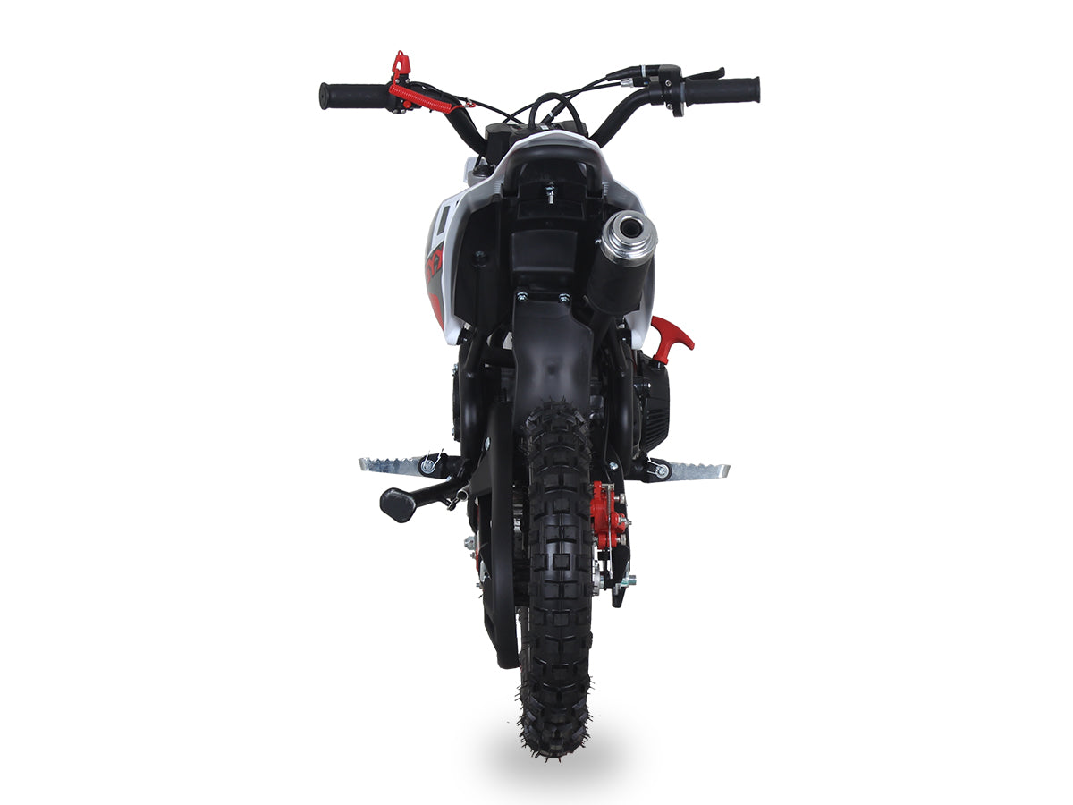 Red/Grey - SYX PAD50-3  Mini Dirt Bike, 4 stroke 57.6cc OHV engine automatic transmission, pull start, F/R 10” aluminum wheel, oil damped suspension, mechanical disc brakes F/R