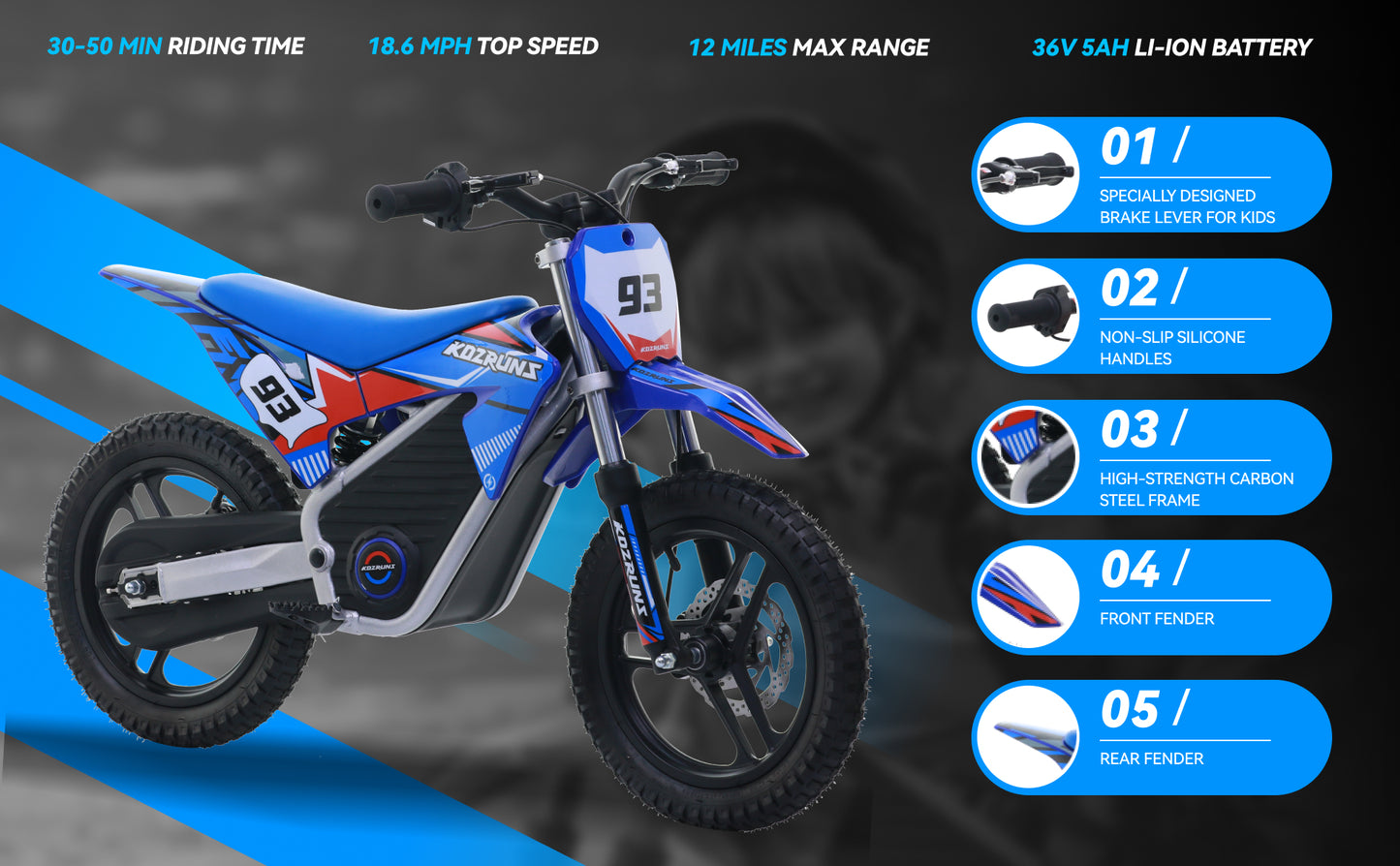 BLUE - Electric Dirt Bike for Kids, 36V 350W 14" Wheel Electric Balance Bike for Ages 6-12