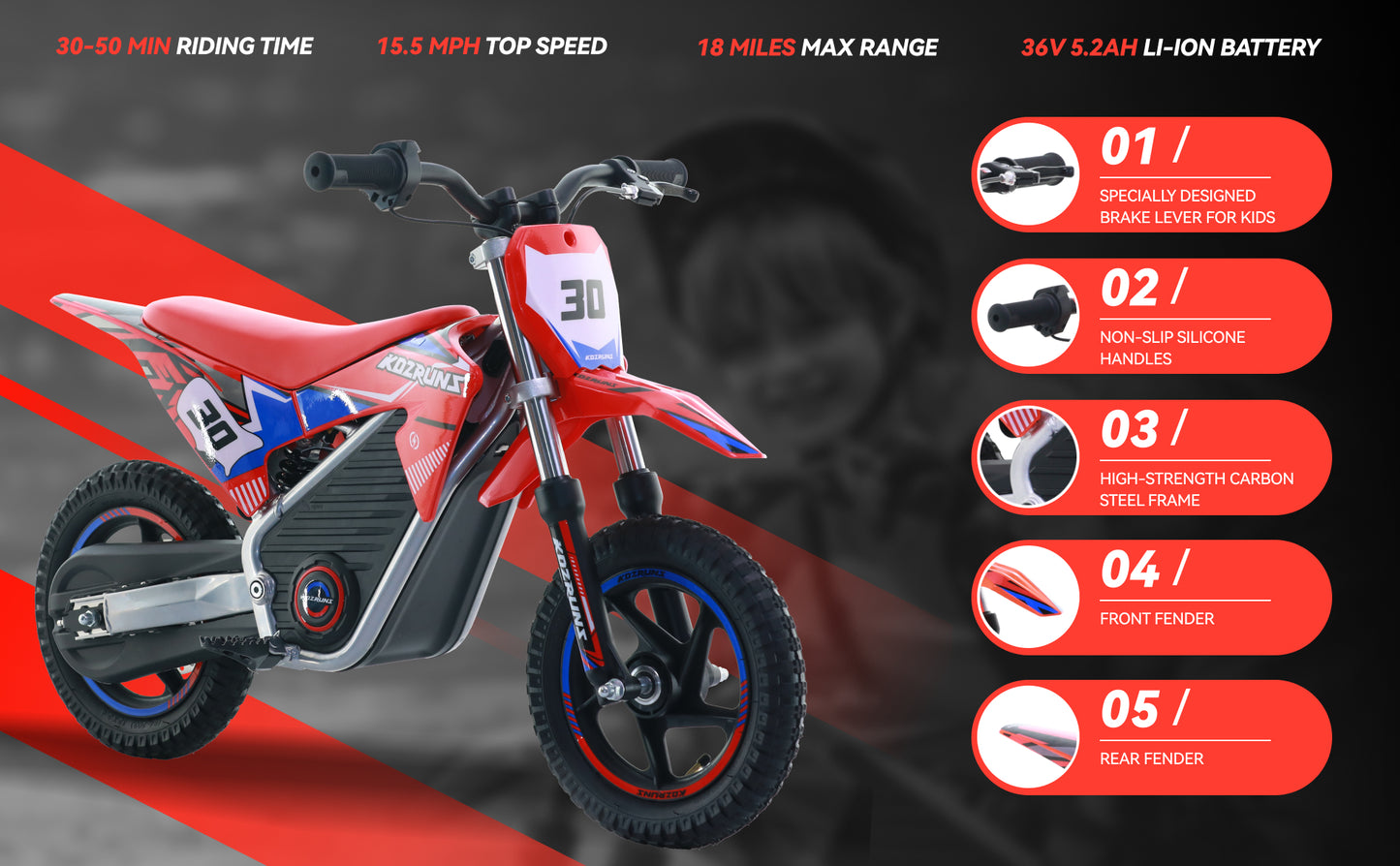 RED - Electric Dirt Bike for Kids, 36V 350W 14" Wheel Electric Balance Bike for Ages 6-12