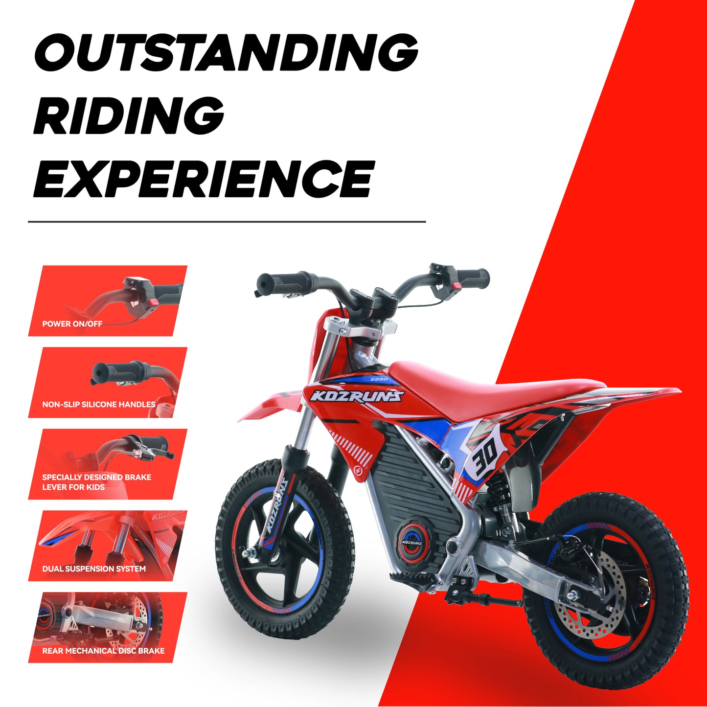 RED - Electric Dirt Bike for Kids, 36V 250W 12" Wheel Electric Balance Bike for Ages 3-8