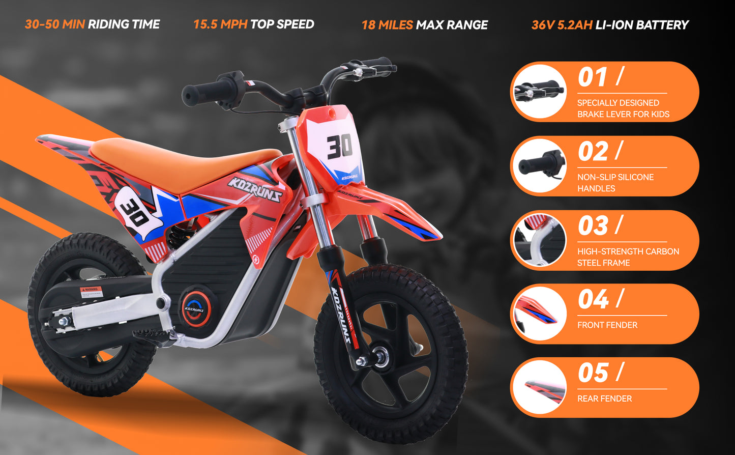 ORANGE - Electric Dirt Bike for Kids, 36V 250W 12" Wheel Electric Balance Bike for Ages 3 -8