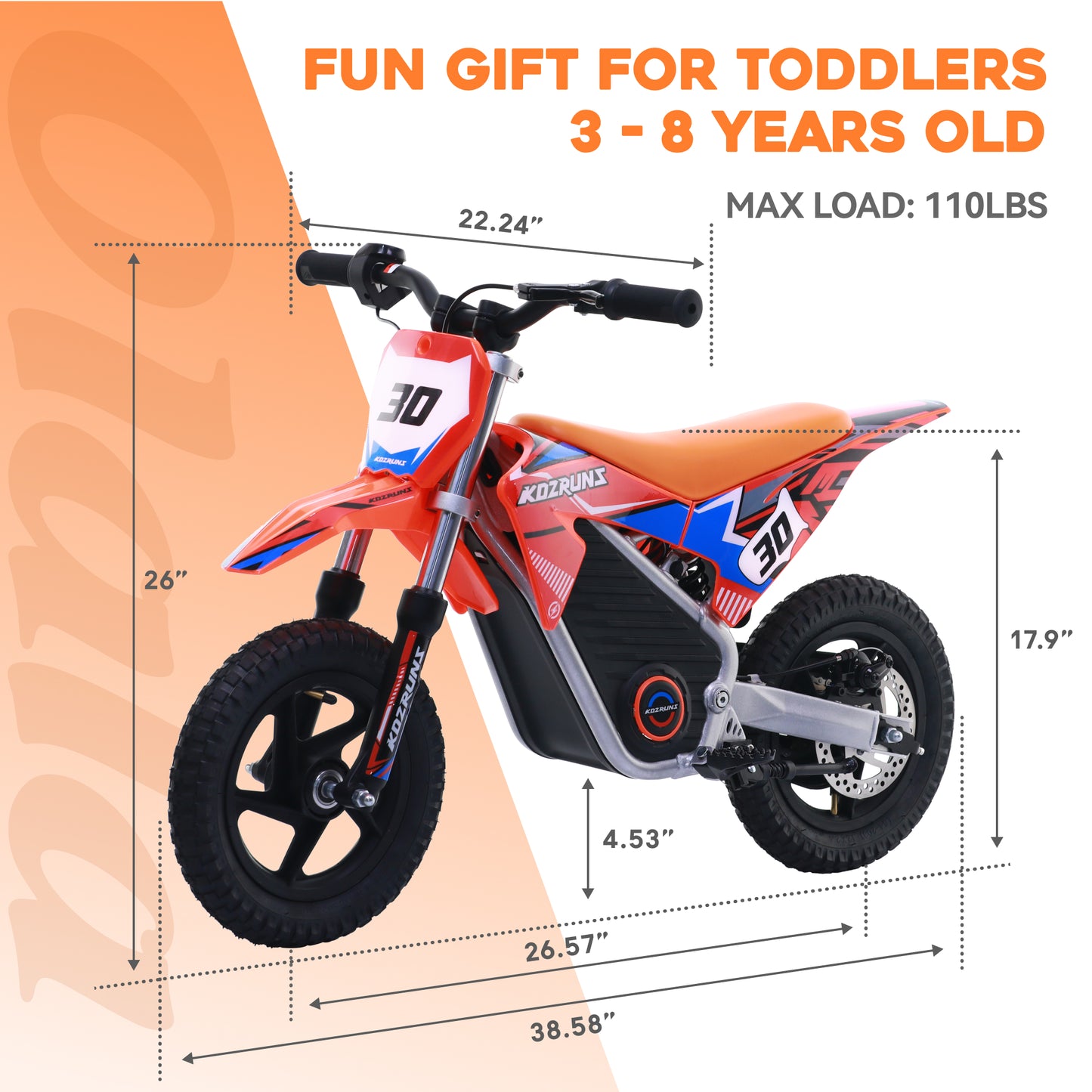 ORANGE - Electric Dirt Bike for Kids, 36V 250W 12" Wheel Electric Balance Bike for Ages 3 -8