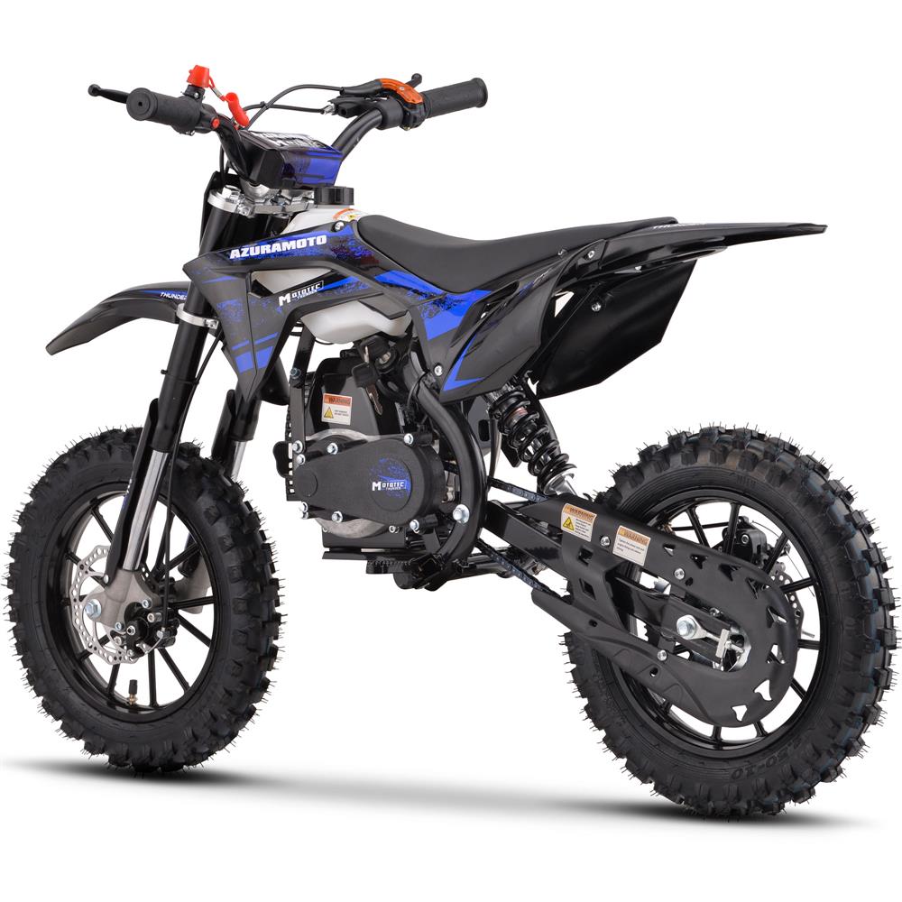 BLUE - MotoTec Thunder 50cc 2-Stroke Kids Gas Dirt Bike Blue, Pull Start, High Quality Suspension, High-Grade Easy Start Engine Pull Cord, Aluminum Wheels