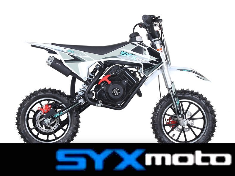 Black/Grey - SYX PAD50-3  Mini Dirt Bike, 4 stroke 57.6cc OHV engine automatic transmission, pull start, F/R 10” aluminum wheel, oil damped suspension, mechanical disc brakes F/R